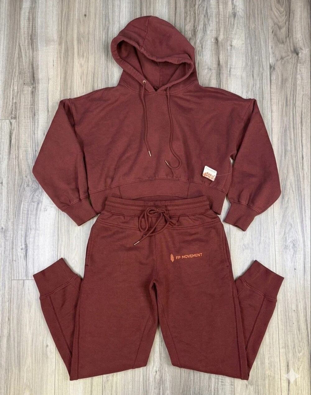Free People FP Movement Undefeated Hoodie Jogger Set Sour Cherry Red XS NEW